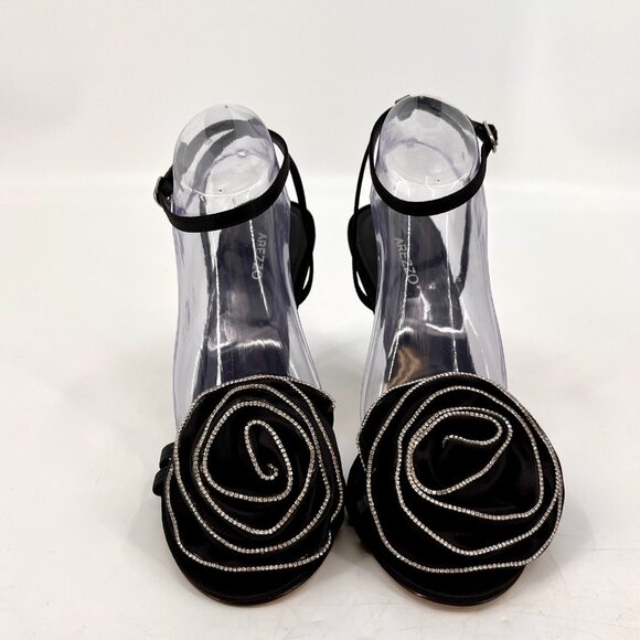 Arezzo Ivy High Stiletto Sandal Size 10B Black Satin Flower Rhinestone Accent - Picture 2 of 15